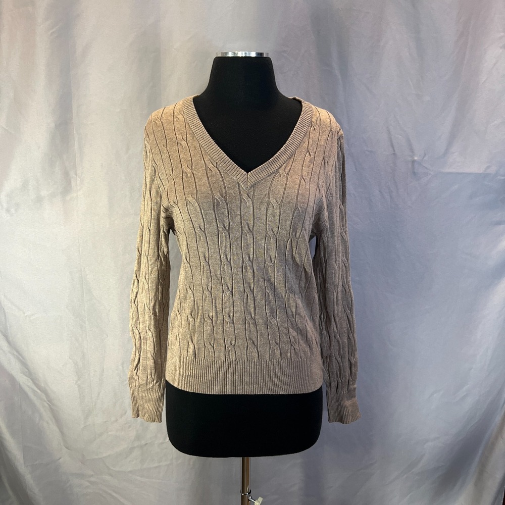 Cielo Pullover Sweater Womens Large Beige Viscose Cable Knit Long Sleeve V Neck